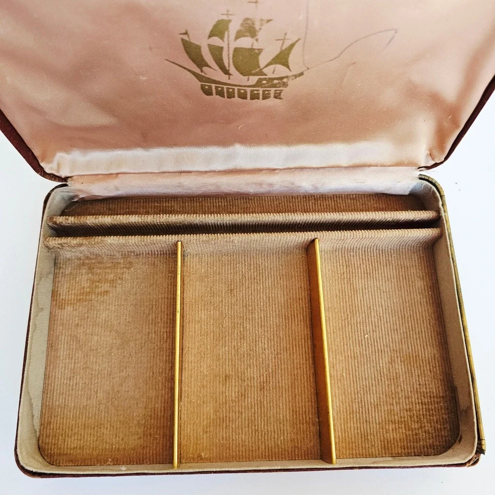 Vtg Farrington Brown Faux Leather Mens Valet Jewelry Box Nautical Ship Organizer